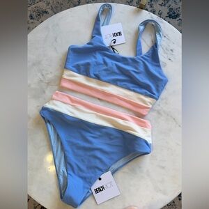 Beach Riot Light Blue Ribbed Bikini with Pink and White Stripes